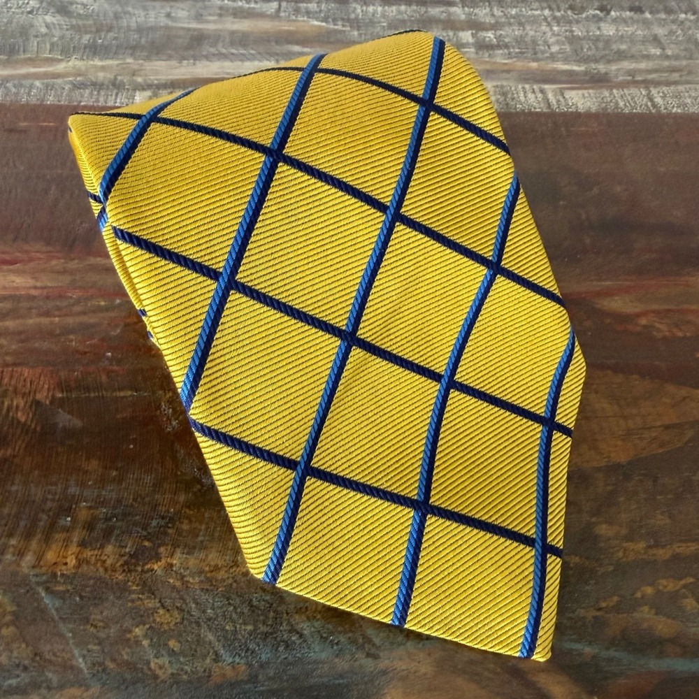 Brooks Brothers Makers Silk Tie Yellow Blue Windowpane Check 57" x‎ 3 1/2"